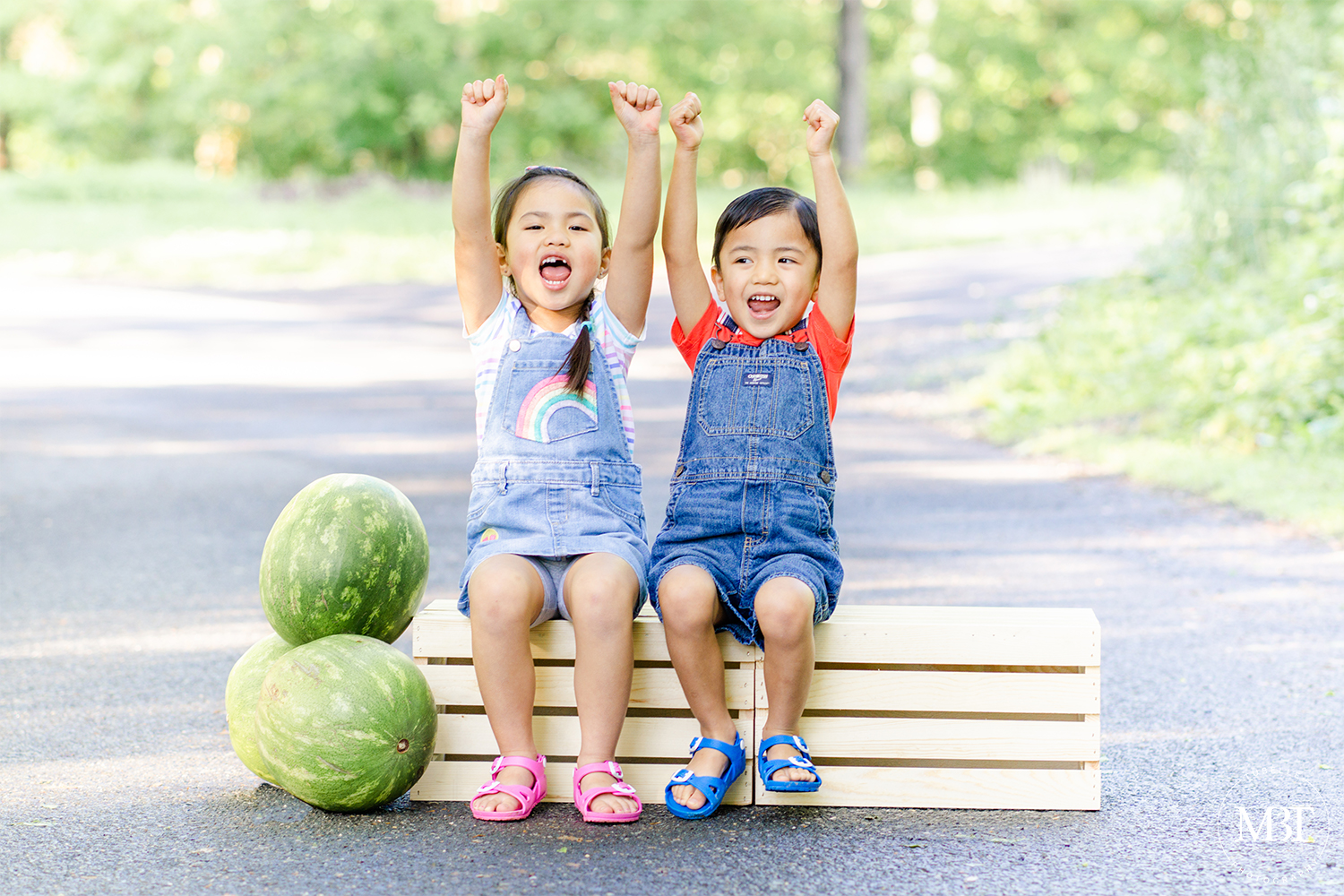 summer watermelon mini session of siblings dressed in denim overalls, both are excited with their hands on the air, taken in Ellanor Lawrence Park in Chantilly, Virginia by TuBelle Photography a children's photographer
