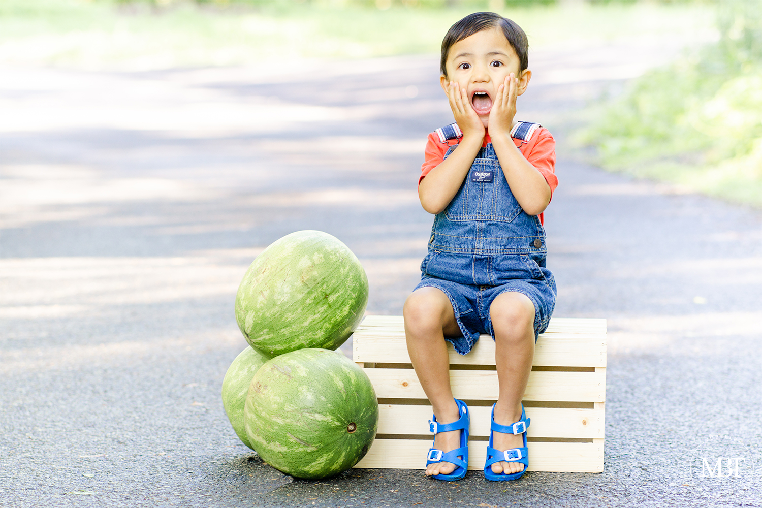 summer watermelon mini session of a boy dressed in denim overalls, his hands on his face while looking surprised, taken in Ellanor Lawrence Park in Chantilly, Virginia by TuBelle Photography a family photographer based in Fairfax