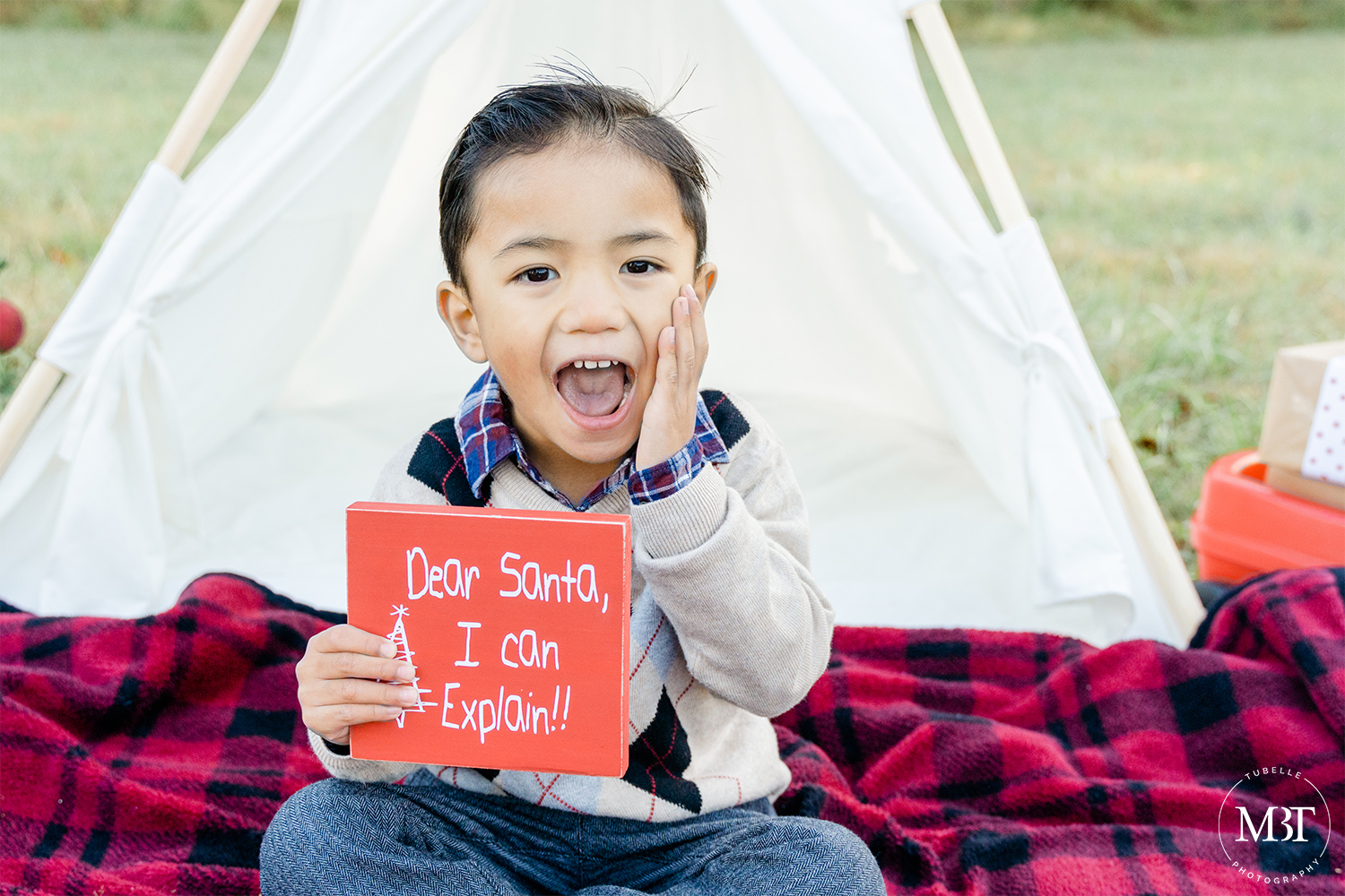 boy holding a Dear Santa sign, christmas mini, taken in Fairfax by a Northern Virginia family photographer