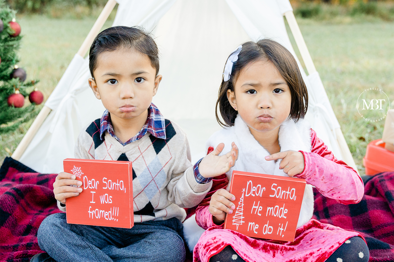 siblings holding a Dear Santa sign, christmas mini, taken in Fairfax by a Northern Virginia family photographer