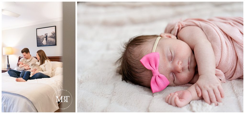 lifestyle newborn session in Fairfax, Virginia - mommy, daddy & dog admiring newborn baby girl, and a close up shot of the newborn baby while sleeping, taken by a Washington DC newborn photographer