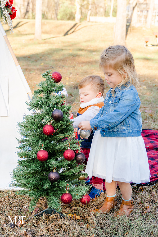 siblings decorating the Christmas tree on a Christmas session in Chantilly, Virginia by a DMV family photographer