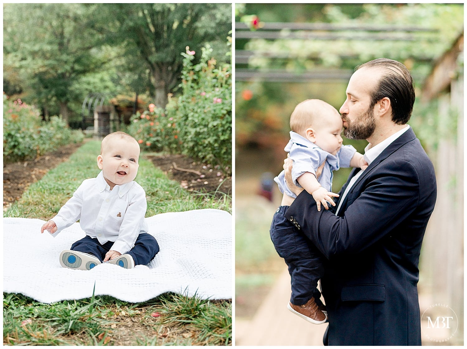 daddy kissing son's forehead & baby boy sitting on a blanket during their family session in Arlington, Virginia by a Virginia family photographer