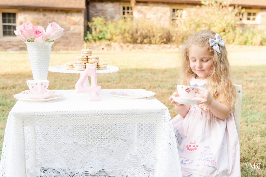 girl on a tea party during a family session at Ellanor Lawrence Park taken by a Virginia family photographer