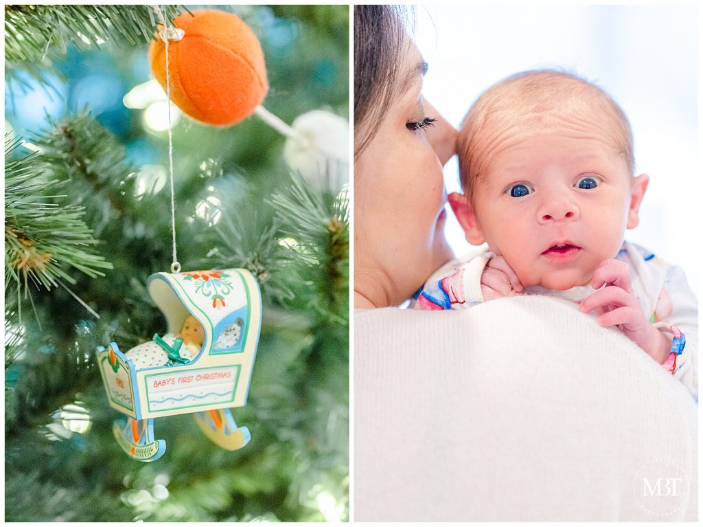 christmas ornament & baby boy in mom's shoulder taken during a lifestyle newborn photography session by a Virginia photographer