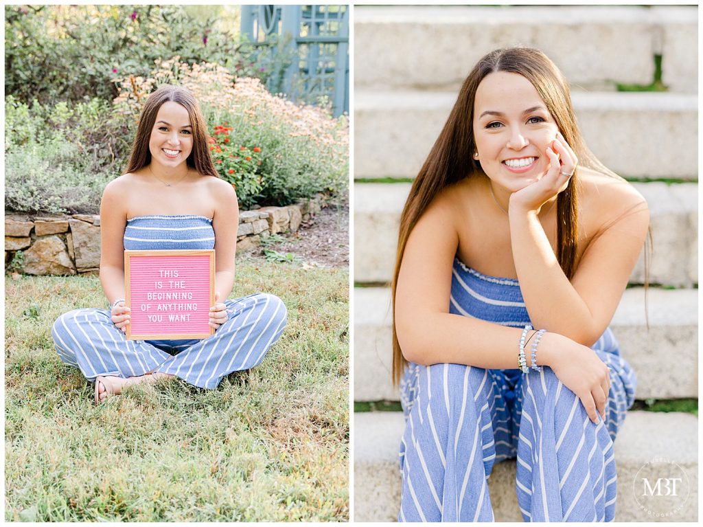 girl holding a "this is the beginning of anything you want" letter board during a senior session at Airlie taken by a Fairfax County senior photographer