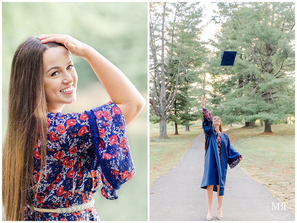 girl throwing her graduation cap during a senior session at Airlie taken by a Loudoun County senior photographer