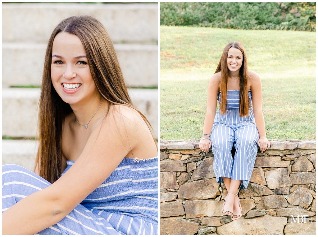 girl sitting by the stairs & the rock fence during a senior session at Airlie taken by a Northern Virginia senior photographer