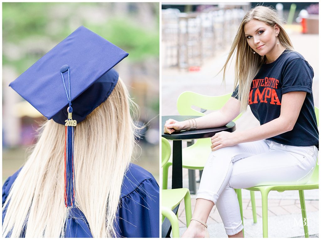 graduation cap & a girl wearing a University of Tampa tee during her senior session at Reston Town Center taken by a Virginia senior photographer
