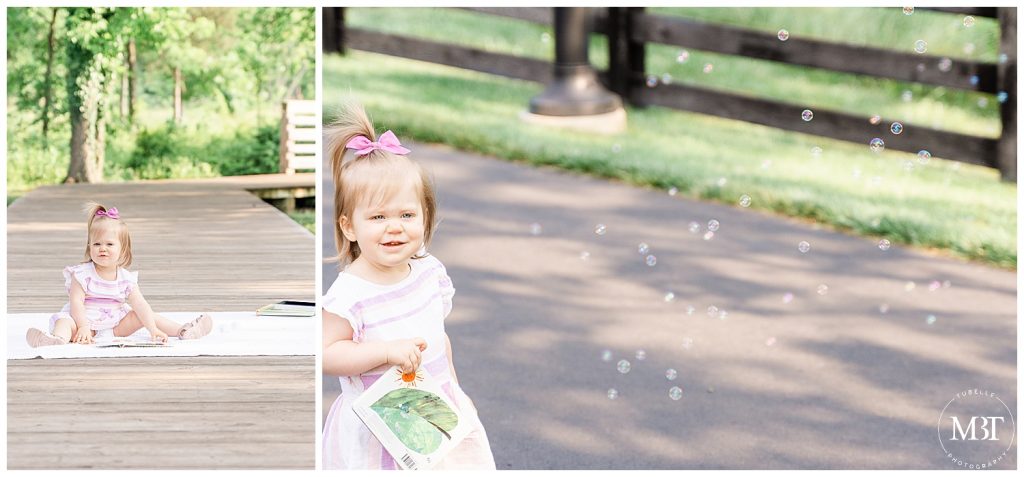 toddler playing with bubbles & reading during a family session in Ashburn, Virginia taken by TuBelle Photography a Northern Virginia family photographer