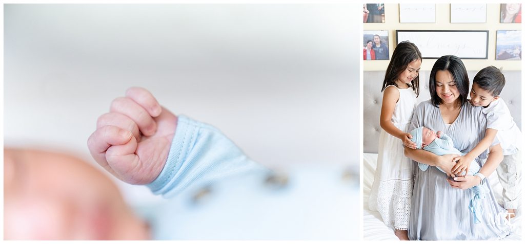 mom, baby boy, and older siblings during a newborn session in Gainesville, Virginia taken by TuBelle Photography a lifestyle newborn photographer in Fairfax, Virginia