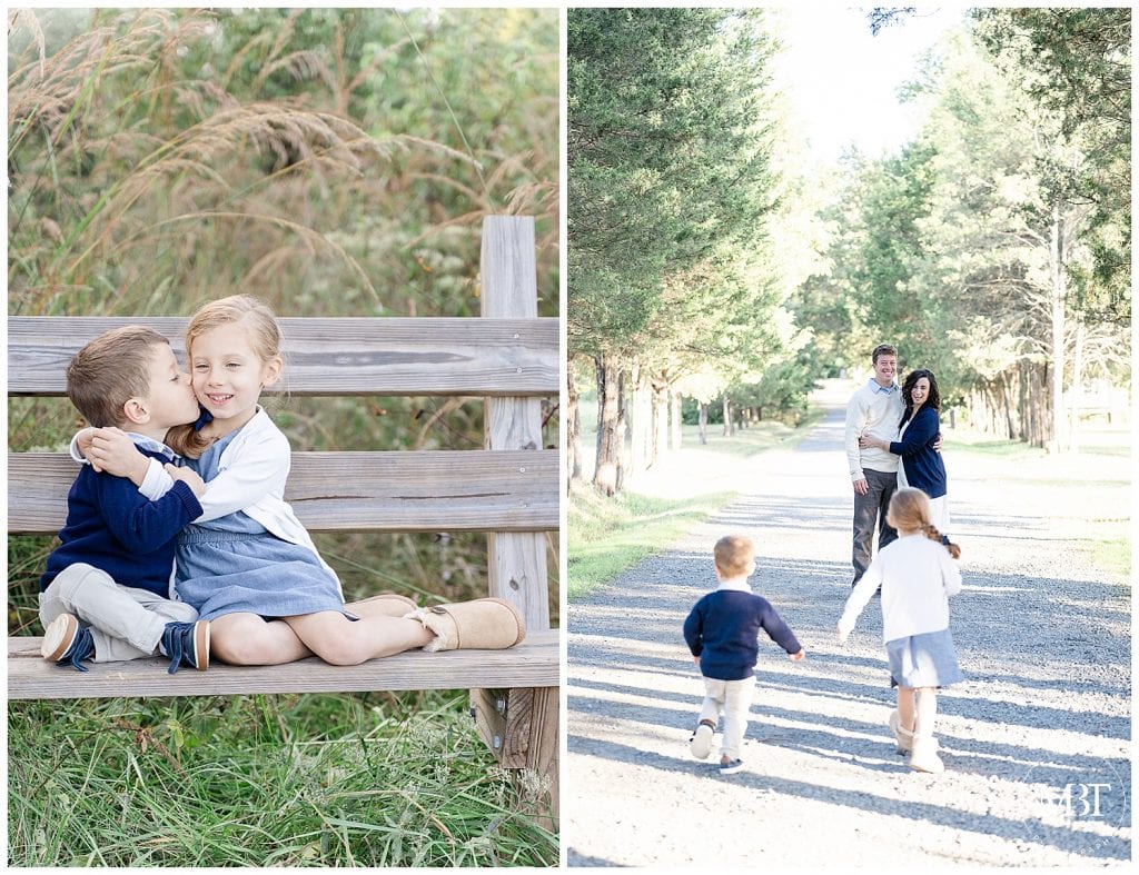 siblings kissing & running to mommy and daddy during their fall family session in Loudoun County, Virginia, taken by TuBelle Photography, a Northern Virginia family photographer