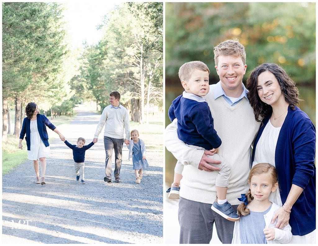 family of 4 walking during their fall family session in Sterling, Virginia, taken by TuBelle Photography, a Virginia family photographer