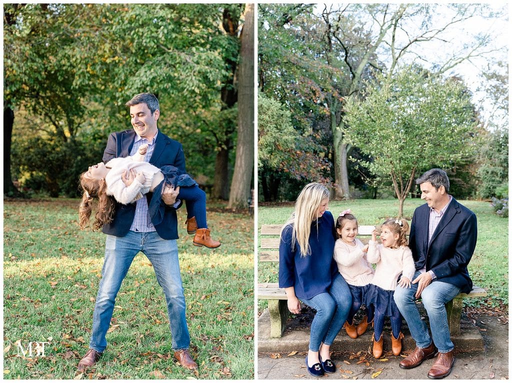 mom, dad and girls having fun on their family photos at Cherry Hill Farm Park in Falls Church, Virginia. Taken by TuBelle Photography, a Fairfax County family photographer
