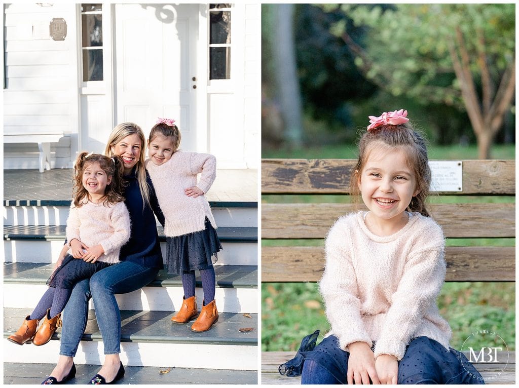 mom with her girls on their family photos at Cherry Hill Farm Park in Falls Church, Virginia. Taken by TuBelle Photography, a Northern Virginia family photographer