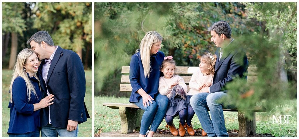 mom telling story to dad & daughters during their family photos at Cherry Hill Farm Park in Falls Church, Virginia. Taken by TuBelle Photography, a Falls Church Virginia family photographer
