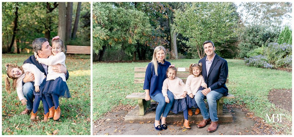 family of 4 during their family pictures at Cherry Hill Farm Park in Falls Church, Virginia. Taken by TuBelle Photography, a Fairfax County family photographer
