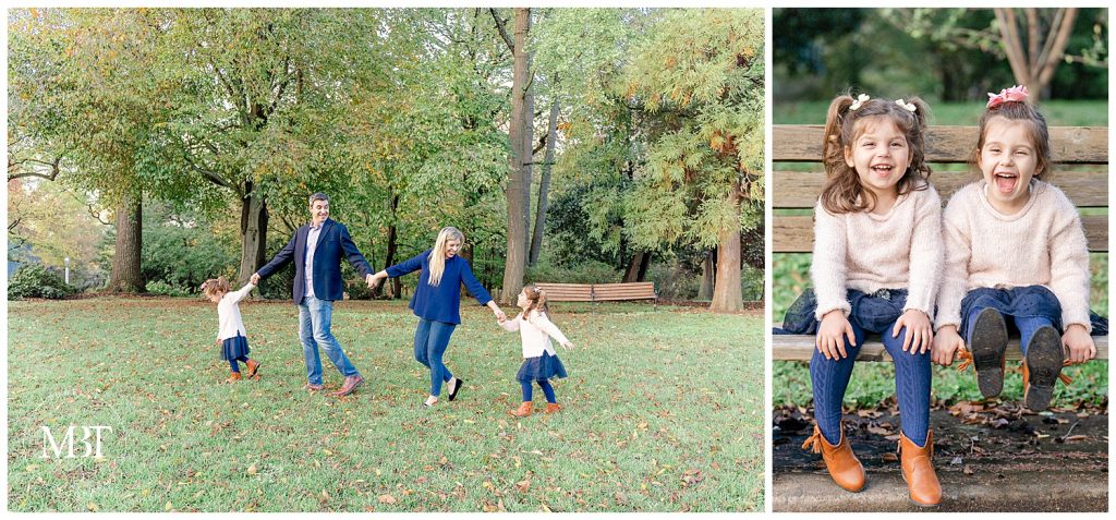 mom, dad, and girls walking during their family pictures at Cherry Hill Farm Park in Falls Church, Virginia. Taken by TuBelle Photography, a Northern Virginia family photographer