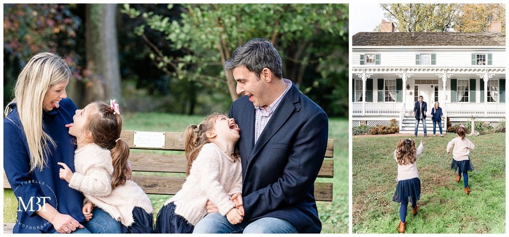 mom, dad, and daughters having fun during their family pictures at Cherry Hill Farm Park in Falls Church, Virginia. Taken by TuBelle Photography, a Virginia family photographer