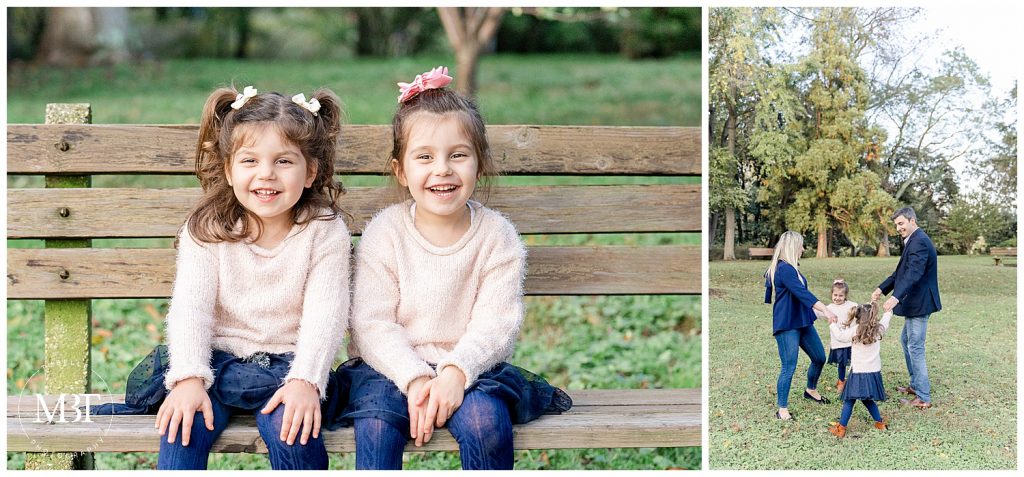 family of 4 having a blast during their family photos at Cherry Hill Farm Park in Falls Church, Virginia. Taken by TuBelle Photography, a Falls Church Virginia family photographer