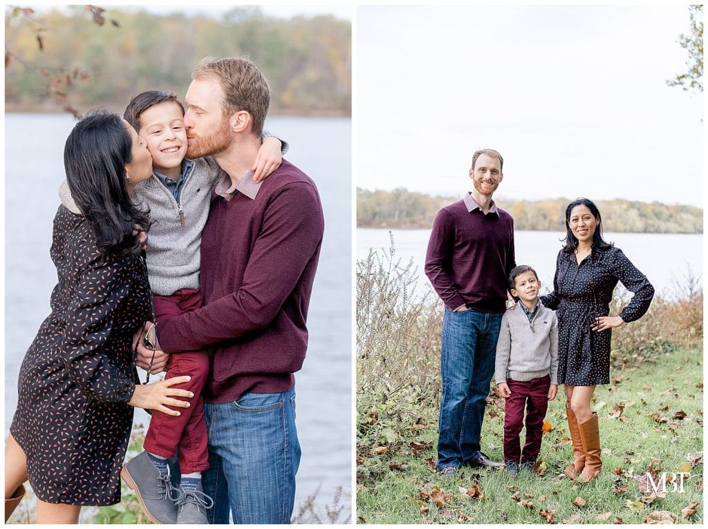 mom and dad kissing son during their family photo shoot at Algonkian Regional Park in Sterling, Virginia, taken by TuBelle Photography, a Northern Virginia family photographer