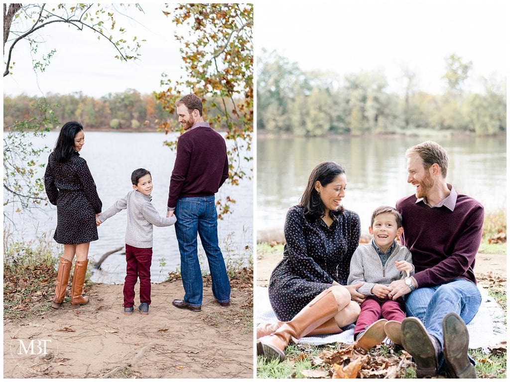 mom, dad, and son sitting on the grass laughing during their family session at Algonkian Regional Park in Sterling, Virginia, taken by TuBelle Photography, a Virginia family photographer