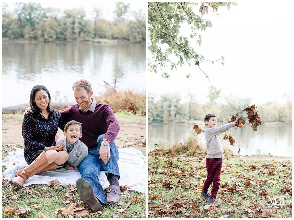 mom, dad, and son laughing during their family photos in Loudoun County, Virginia, taken by TuBelle Photography, a Northern Virginia family photographer