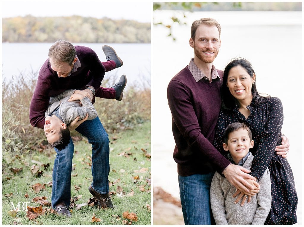 mom, dad, and son having a blast during their family portraits in Loudoun County, Virginia, taken by TuBelle Photography, a Virginia family photographer