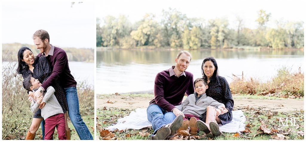 mom, dad, and son laughing during their family photo shoot in Loudoun County, Virginia, taken by TuBelle Photography, a Virginia family photographer