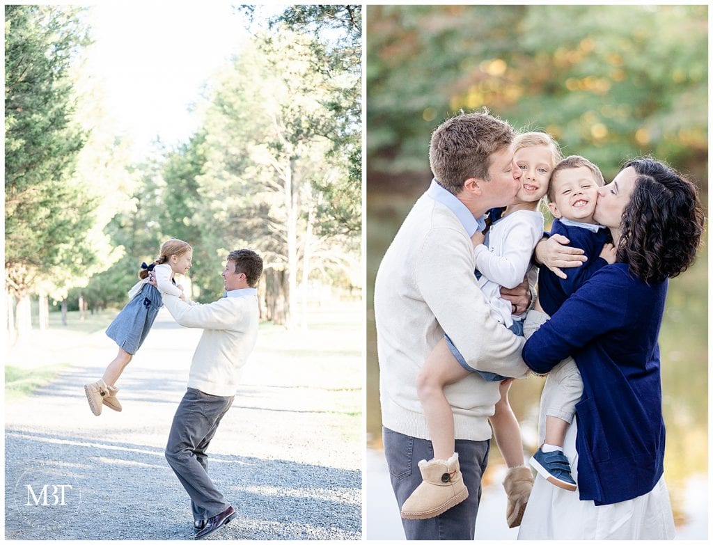 daddy dancing with daughter & family kissing during family session in Sterling, Virginia, taken by TuBelle Photography, a Virginia family photographer