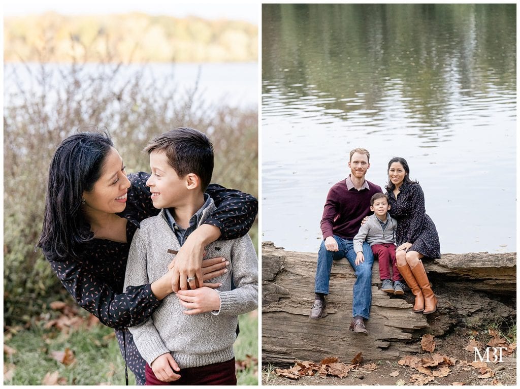 mom, dad, and son sitting on a huge log during their family portraits in Sterling, Virginia, taken by TuBelle Photography, a Virginia family photographer