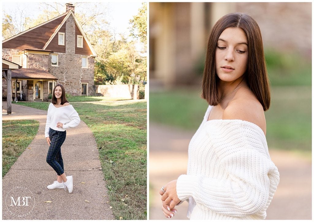 girl wearing a white sweater and plaid pants during her senior pictures at EC Lawrence Park in Chantilly, Virginia, taken by TuBelle Photography, a Northern Virginia senior photographer