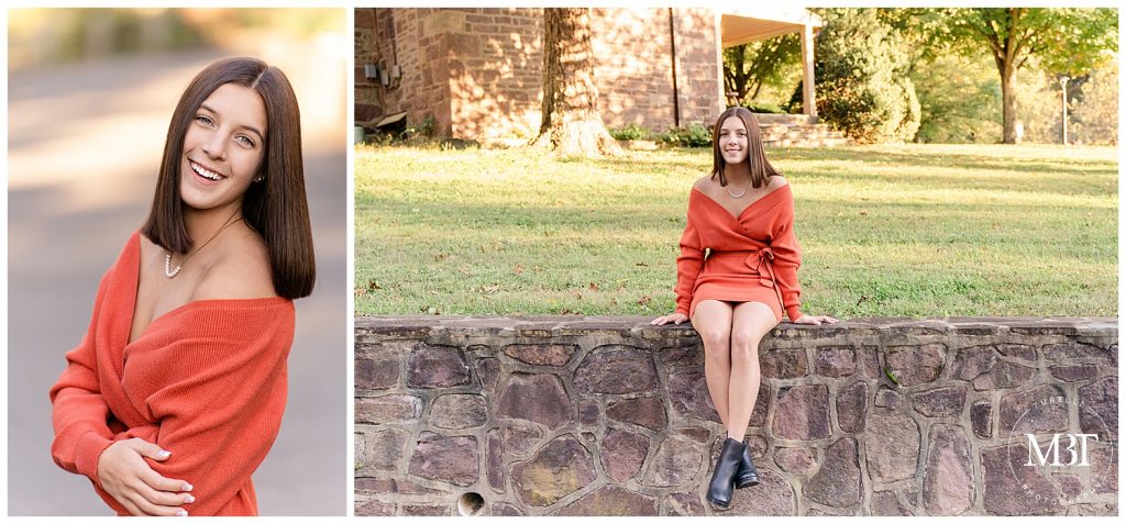 girl wearing an orange sweater dress during her senior pictures at EC Lawrence Park in Chantilly, Virginia, taken by TuBelle Photography, a Northern Virginia senior photographer
