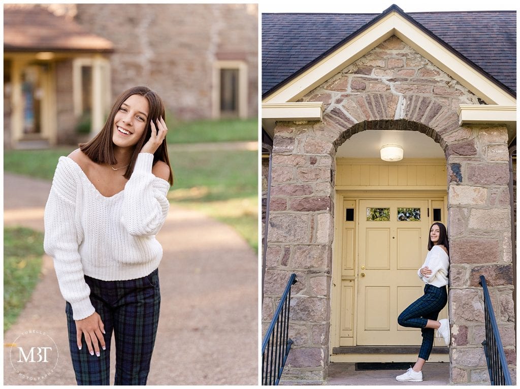 girl wearing a white sweater and plaid pants during her senior session at EC Lawrence Park in Chantilly, Virginia, taken by TuBelle Photography, a Virginia senior photographer