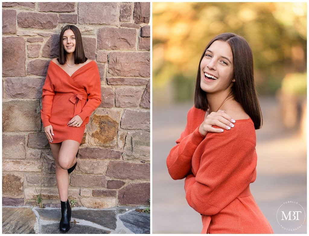 girl wearing an orange sweater dress during her senior session at EC Lawrence Park in Chantilly, Virginia, taken by TuBelle Photography, a Virginia senior photographer