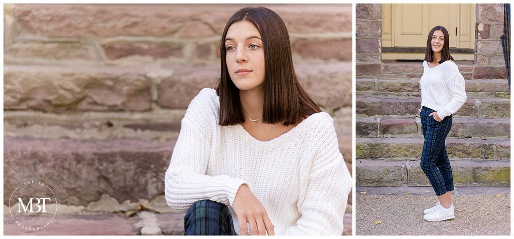 girl wearing a white sweater and plaid pants during her senior pictures at Ellanor C. Lawrence Park in Chantilly, Virginia, taken by TuBelle Photography, a Northern Virginia senior photographer