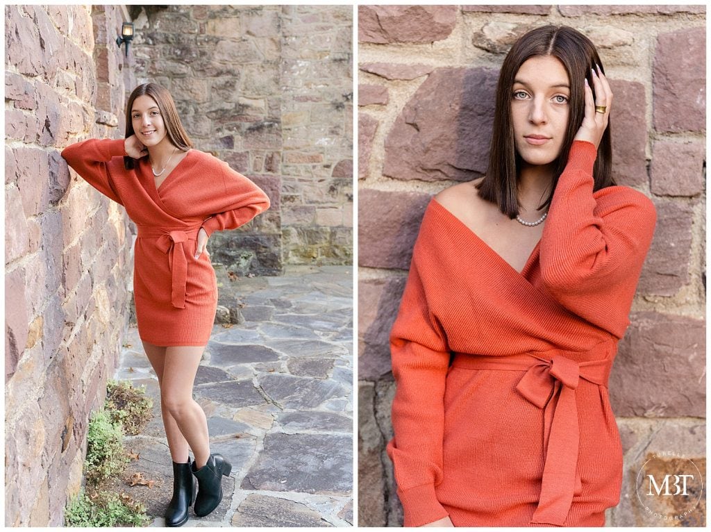 girl wearing an orange sweater dress during her senior session at Ellanor C. Lawrence Park in Chantilly, Virginia, taken by TuBelle Photography, a Northern Virginia senior photographer