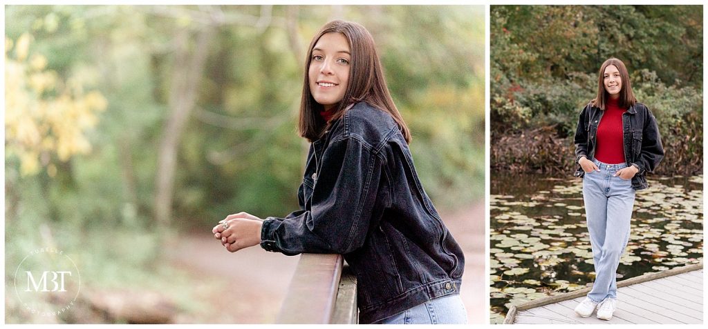 girl wearing a red sweater, jeans, and black jean jacket during her senior pictures at Ellanor C. Lawrence Park in Chantilly, Virginia, taken by TuBelle Photography, a Northern Virginia senior photographer