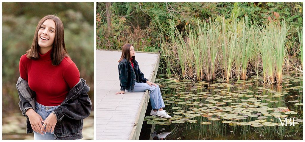girl wearing a red sweater, jeans, and black jean jacket during her senior session at Ellanor C. Lawrence Park in Fairfax County, Virginia, taken by TuBelle Photography, a Virginia senior photographer