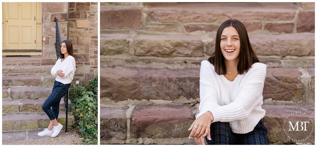 girl wearing a white sweater and plaid pants during her senior session at Ellanor C. Lawrence Park in Fairfax County, Virginia, taken by TuBelle Photography, a Virginia senior photographer