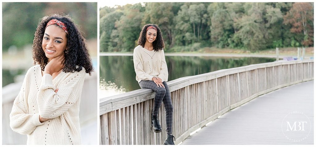 girl sitting on the bridge during her senior session at Lake Fairfax Park in Reston, Virginia taken by TuBelle Photography, a Virginia senior photographer