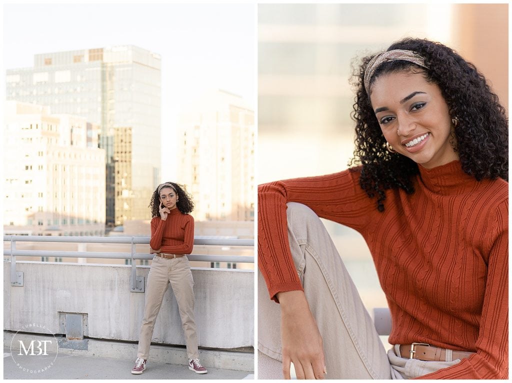 girl sitting on the parking garage during her urban senior session at Reston Town Center in Reston, Virginia taken by TuBelle Photography, a Northern Virginia senior photographer