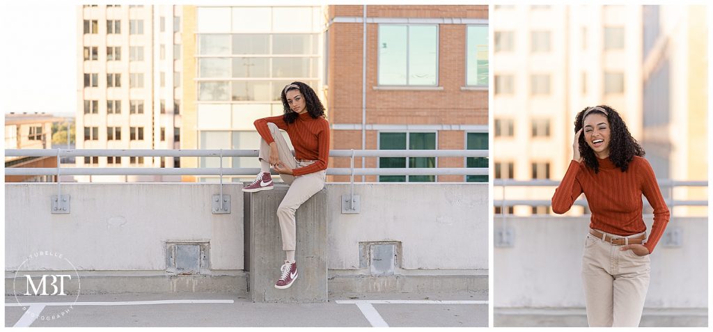 girl sitting & laughing on the parking garage during her urban senior pictures at the parking lot of Reston Town Center in Reston, Virginia taken by TuBelle Photography, a Northern Virginia senior photographer