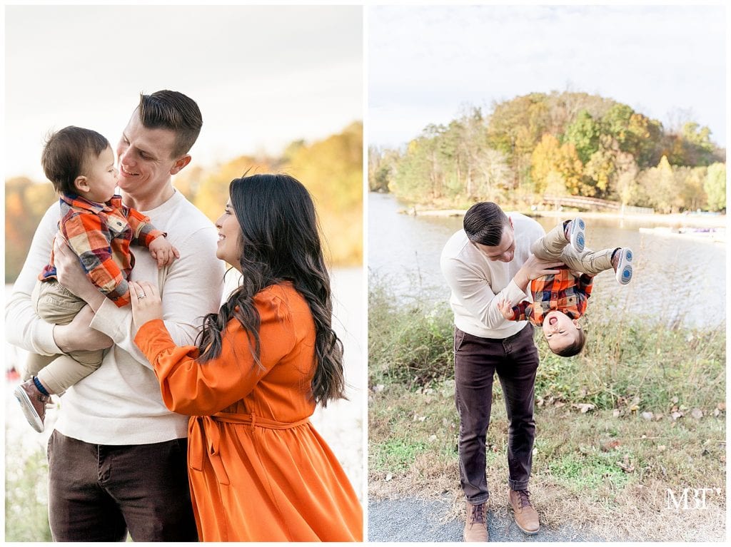 mom, dad, and baby boy having fun during their family photos at Lake Accotink Park in Springfield, Virginia, taken by TuBelle Photography, a Northern Virginia family photographer