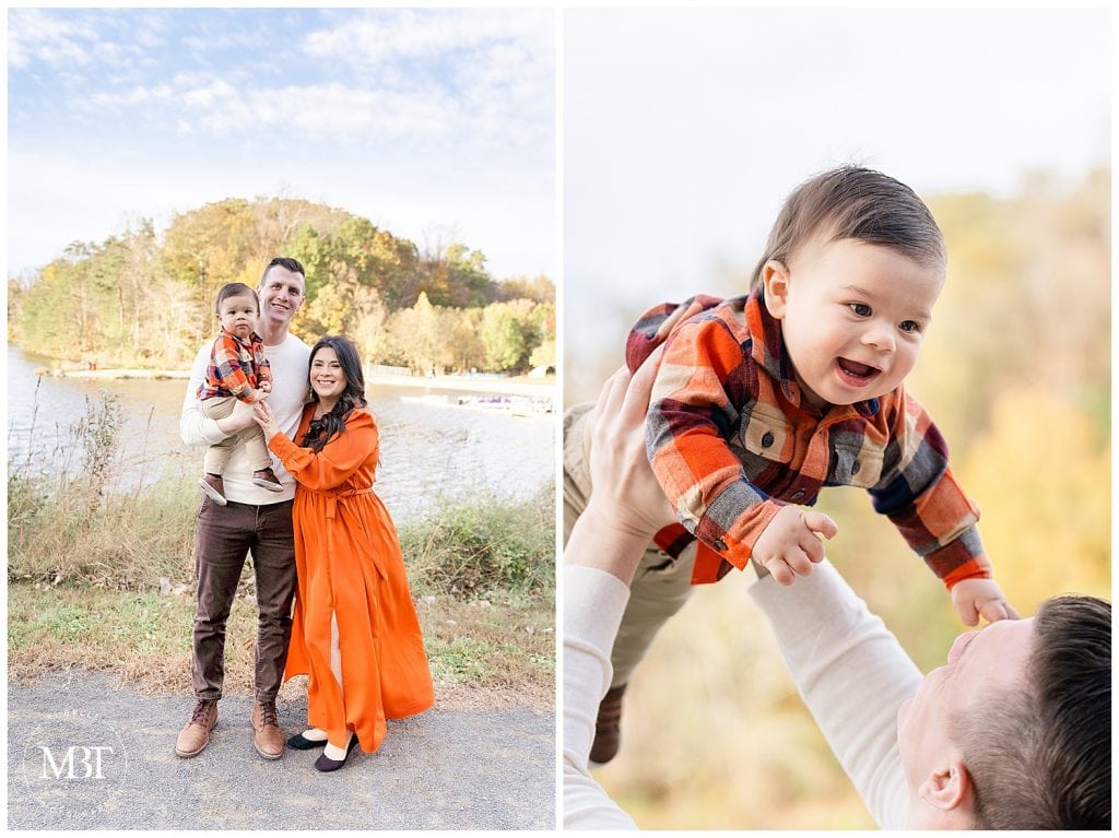 mom, dad, and baby boy by the lake during their family pictures at Lake Accotink Park, taken by TuBelle Photography, a Springfield, Virginia family photographer