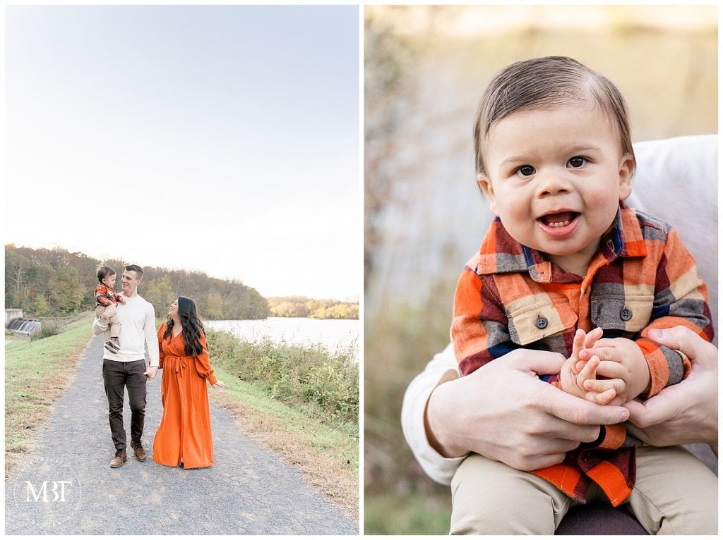 mom, dad, and baby boy walking by the lake during their family pictures at Lake Accotink Park, taken by TuBelle Photography, a Springfield, Virginia family photographer