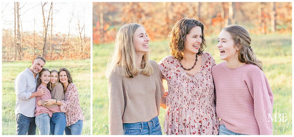 mom, dad, and daughters laughing during their family pictures in Manassas, Virginia, taken by TuBelle Photography, a Virginia family photographer