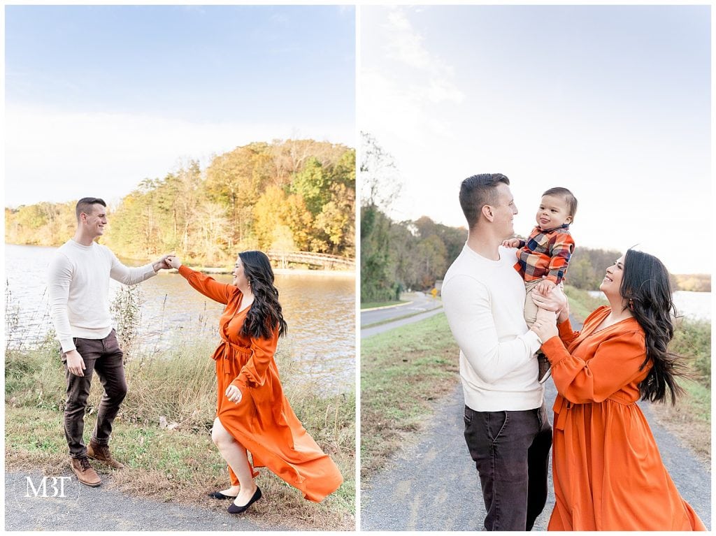 mom and dad dancing during their family portraits at Lake Accotink Park, taken by TuBelle Photography, a Virginia family photographer