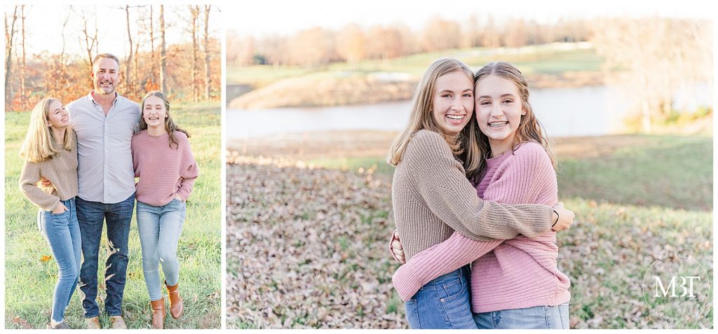 dad and daughters laughing during their family portraits in Manassas, Virginia, taken by TuBelle Photography, a Virginia family photographer