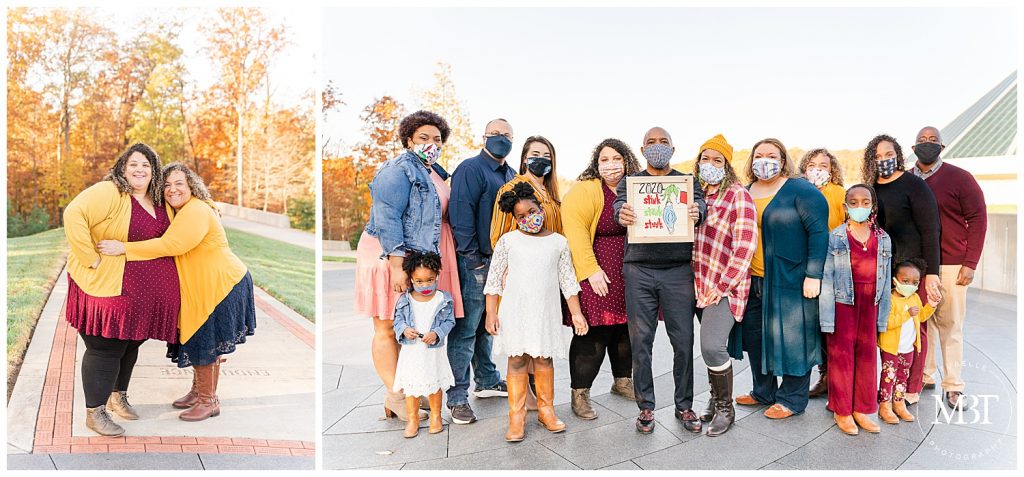 extended family wearing masks during family pictures in Triangle, Virginia, taken by TuBelle Photography, a Northern Virginia family photographer